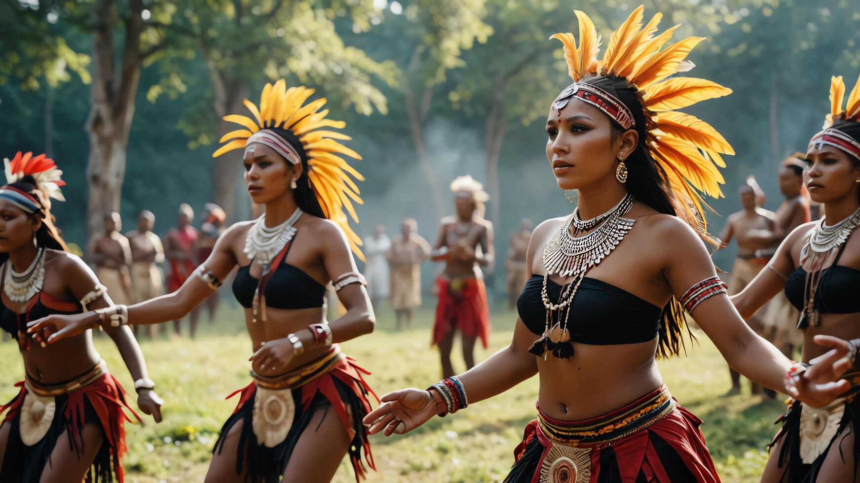 a group of women in traditional inland tribal clothing, dancing in a village celebration photo