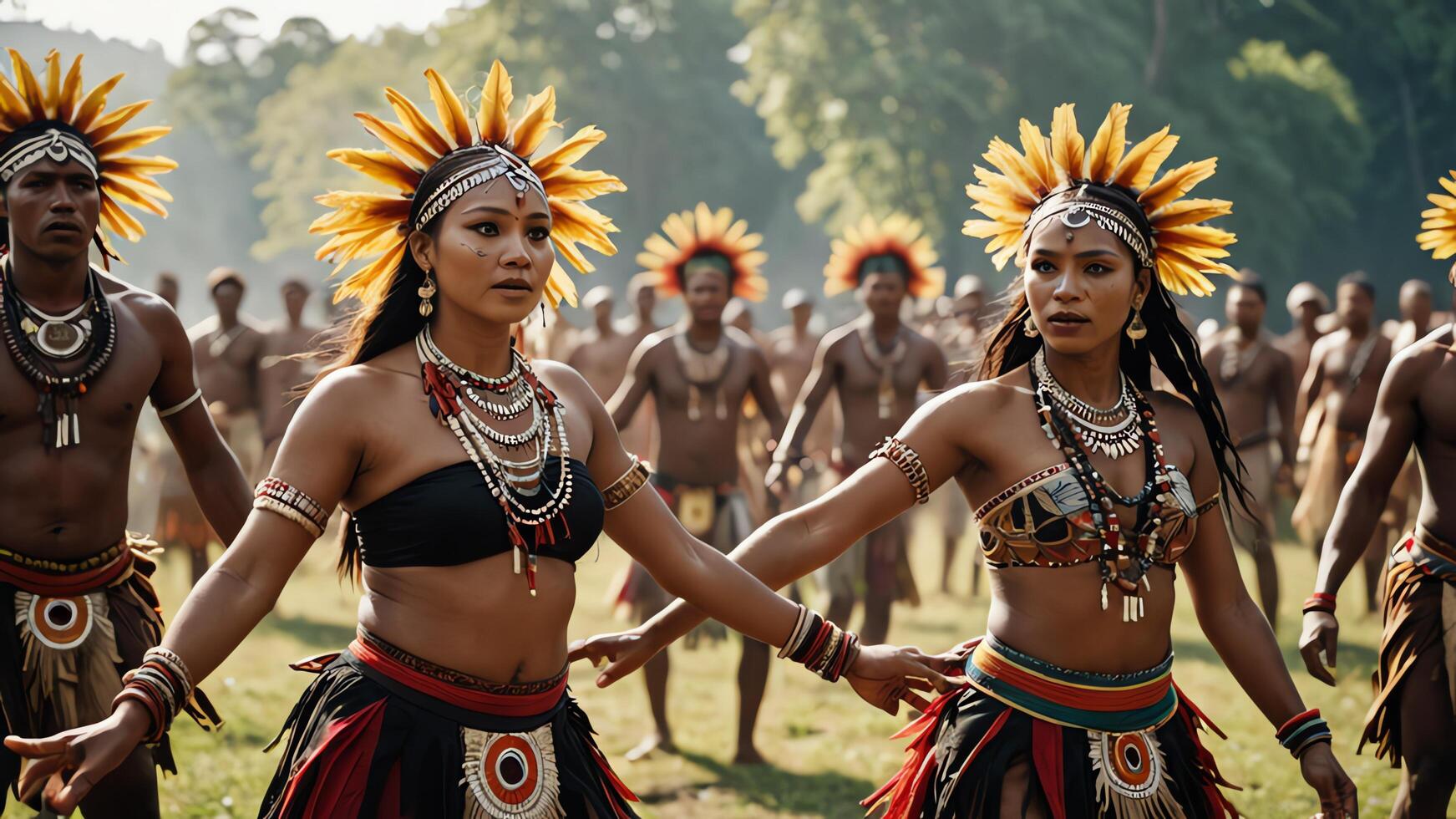 a group of women in traditional inland tribal clothing, dancing in a village celebration photo