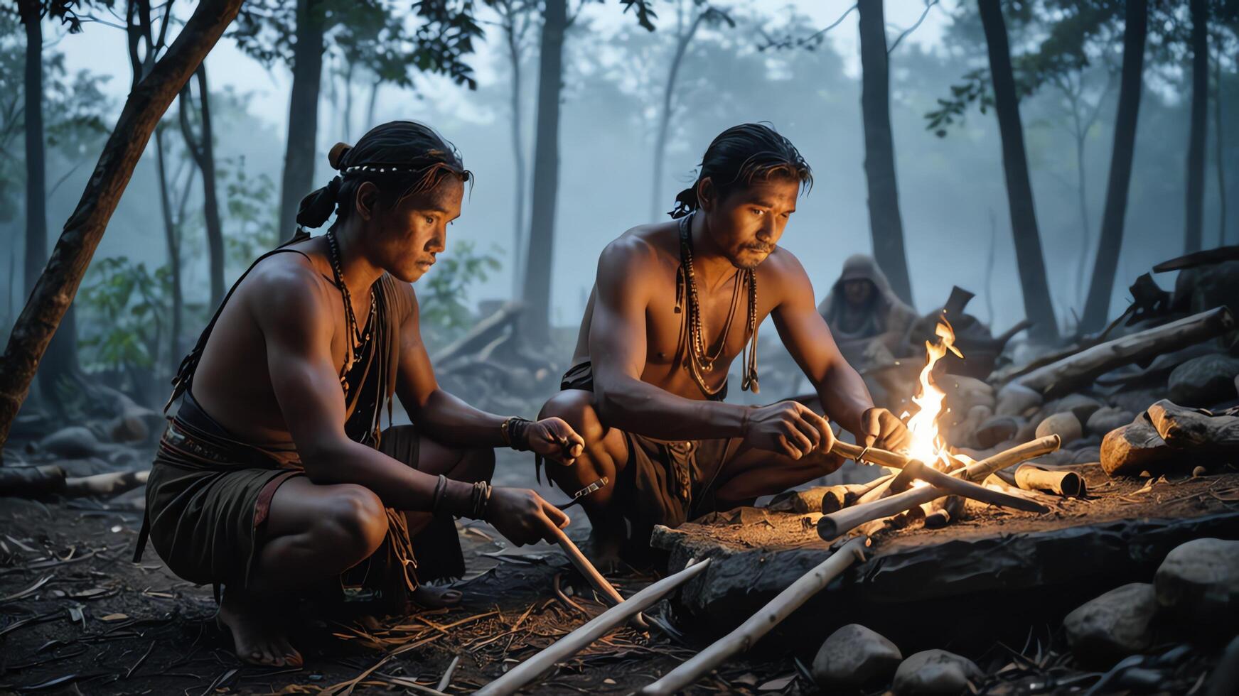 Inland tribe man is assembling something with wood and fire in the middle of the forest photo