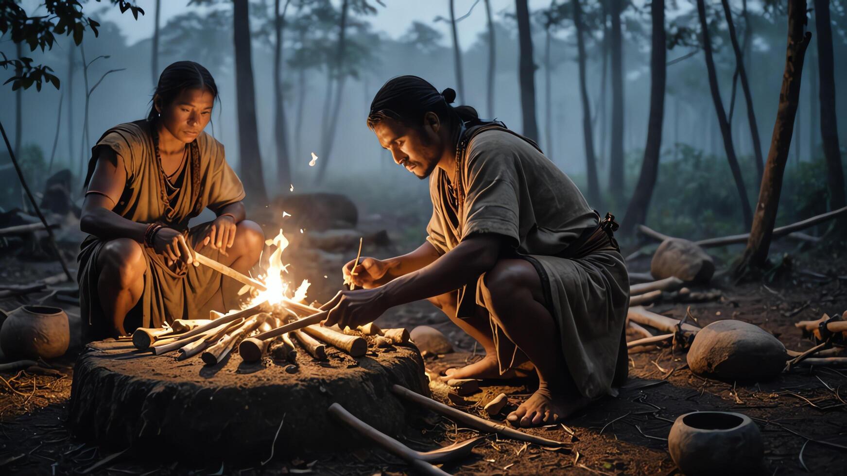 Inland tribe man is assembling something with wood and fire in the middle of the forest photo