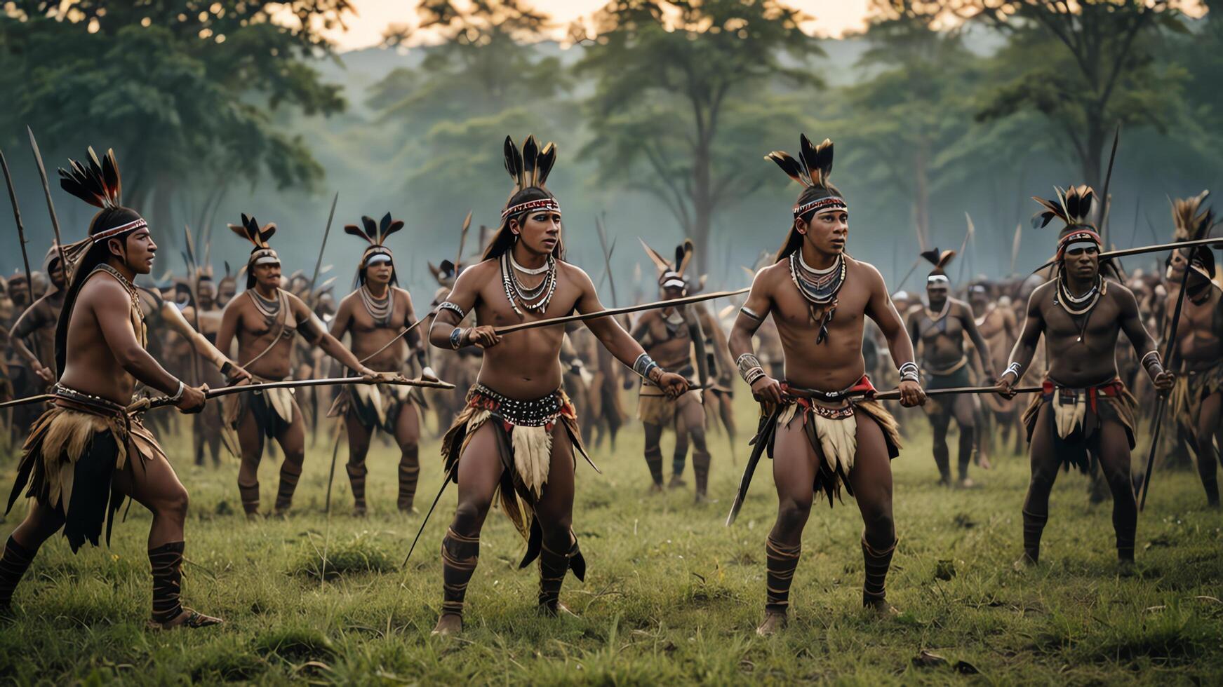 view of a group of inland tribal men practicing war, with a beautiful forest photo
