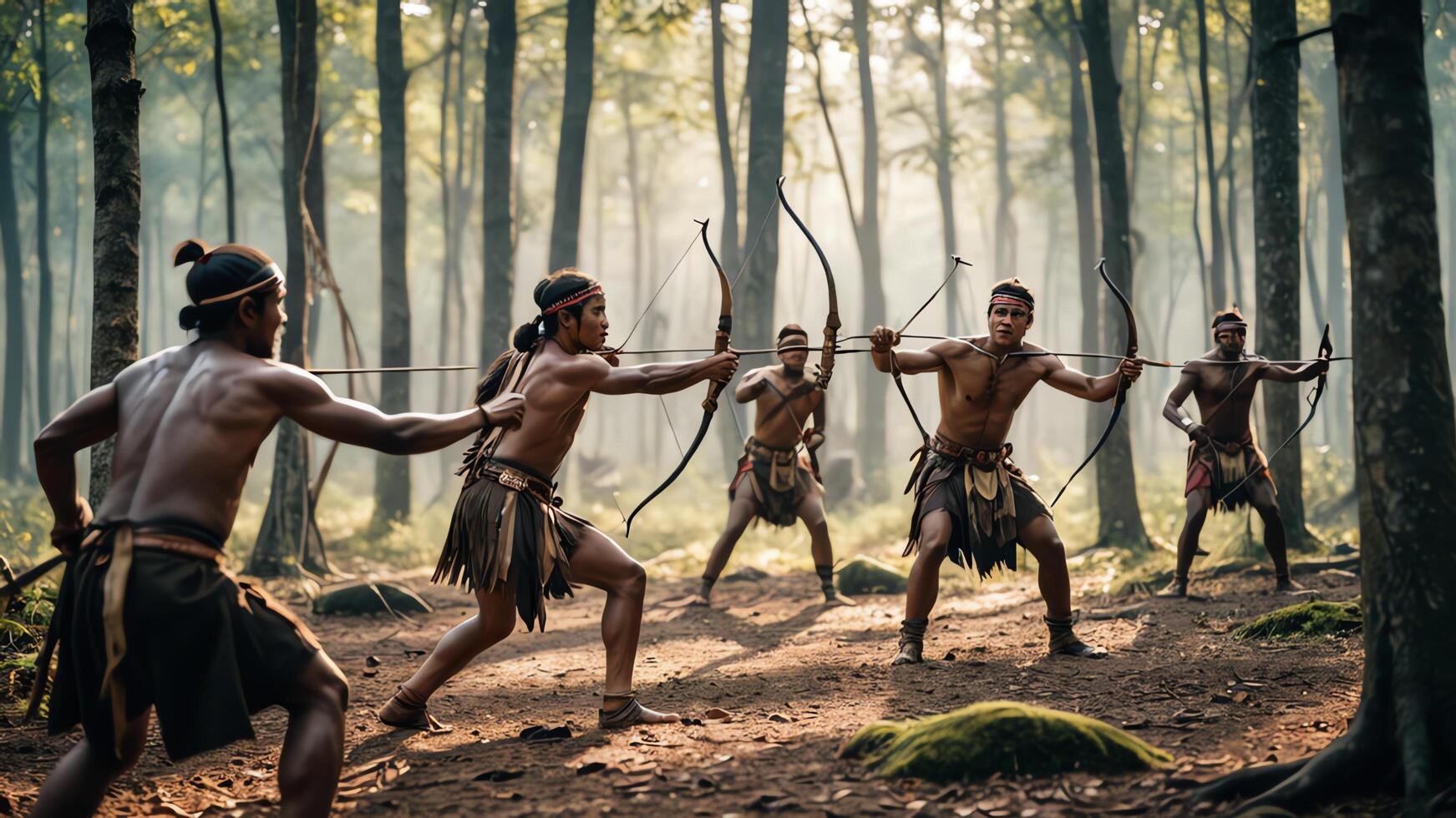 view of a group of inland tribal men practicing war, with a beautiful forest photo