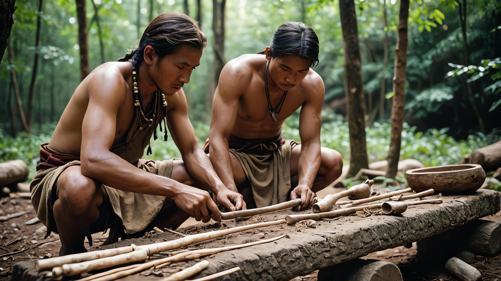 Inland tribal men in the forest are making tools from wood photo