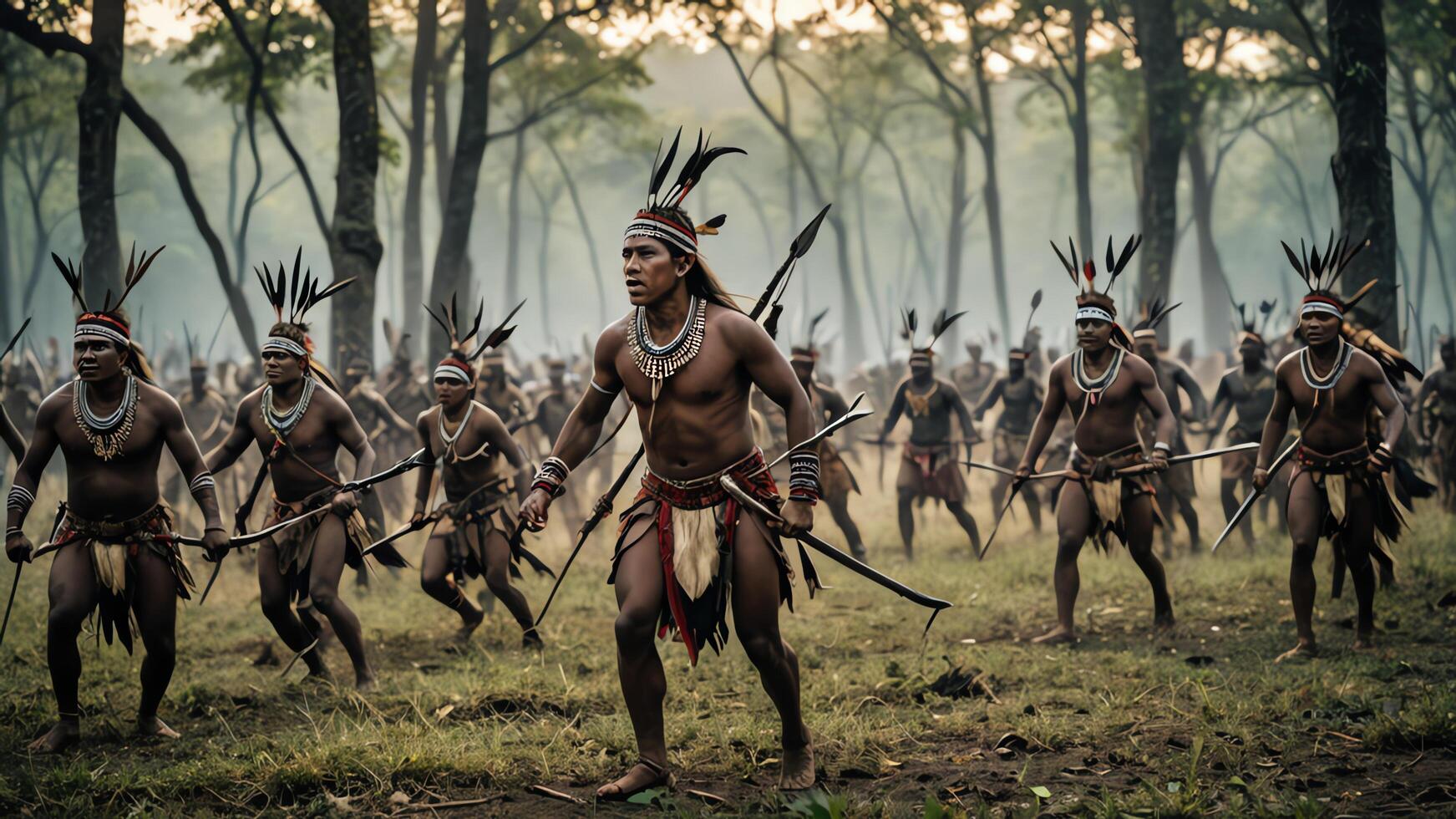 view of a group of inland tribal men practicing war, with a beautiful forest photo
