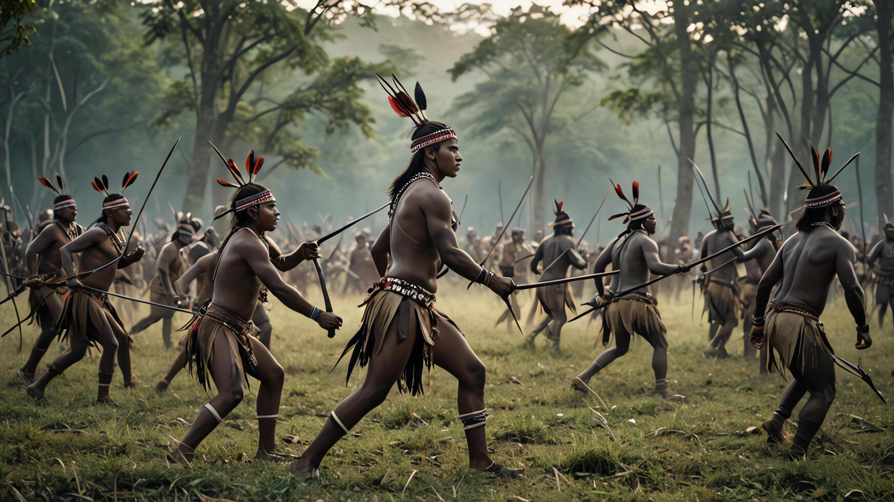 view of a group of inland tribal men practicing war, with a beautiful forest photo
