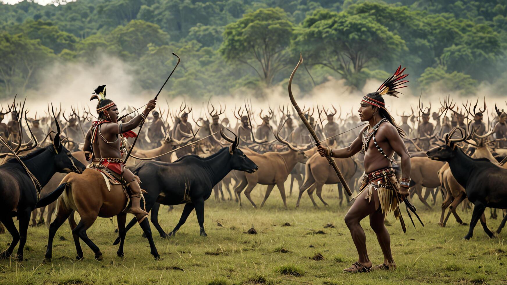 view of a group of inland tribal men practicing war, with a beautiful forest photo