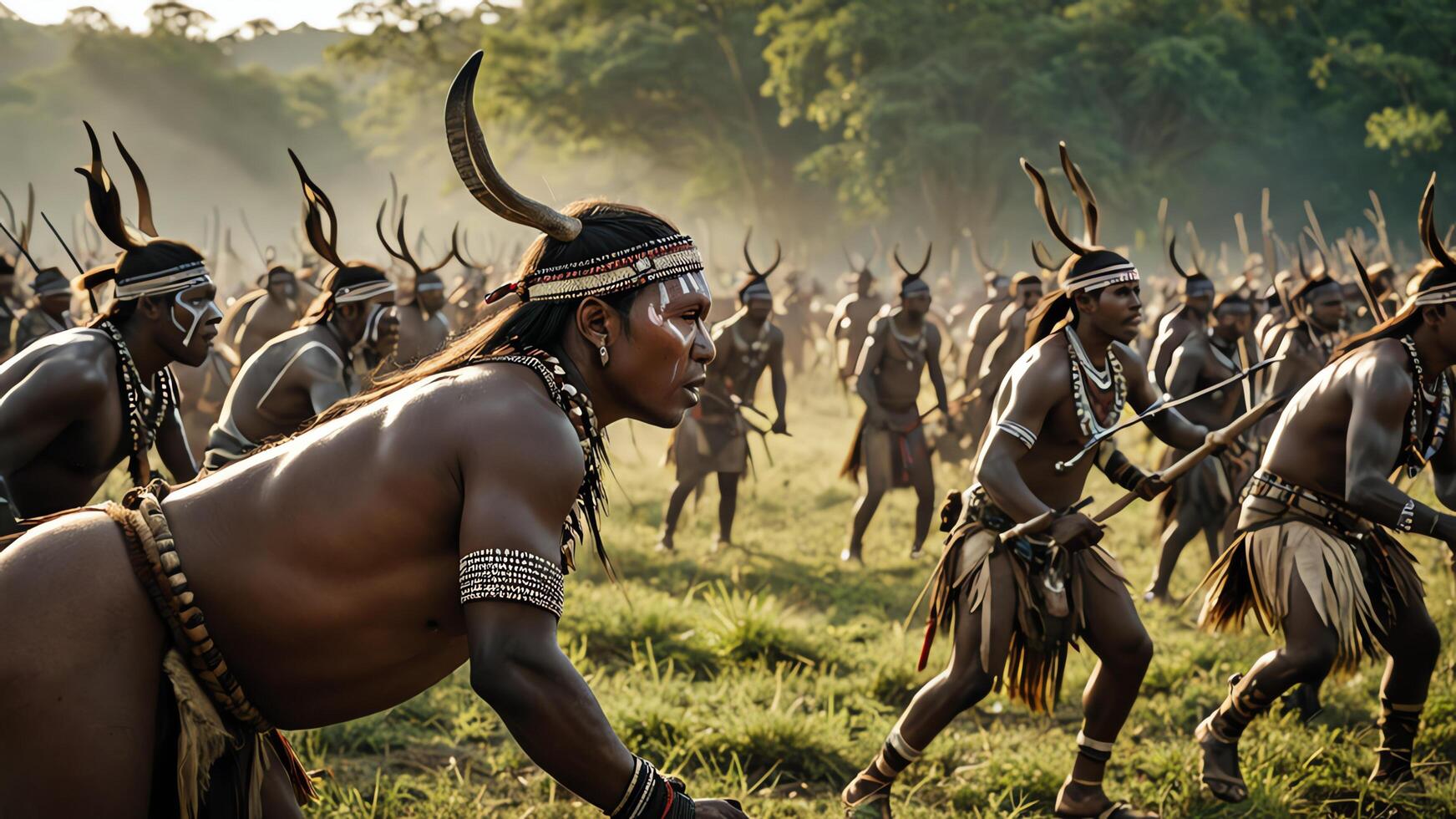 view of a group of inland tribal men practicing war, with a beautiful forest photo