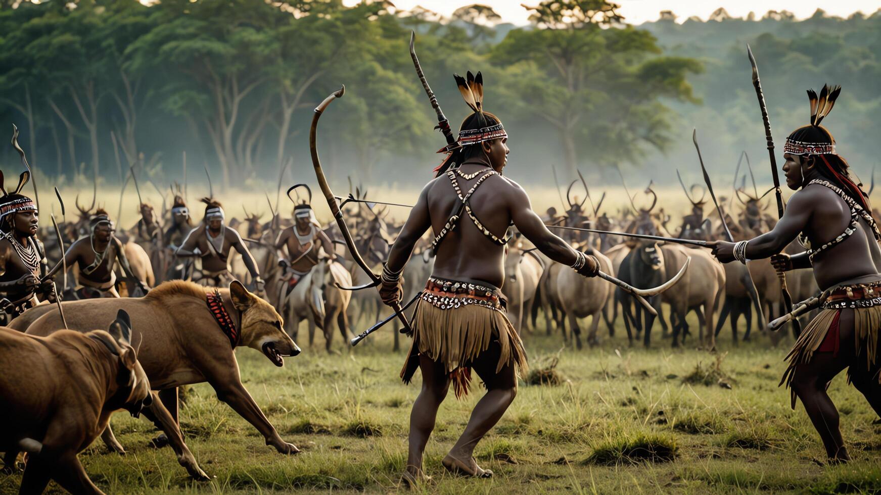 view of a group of inland tribal men practicing war, with a beautiful forest photo