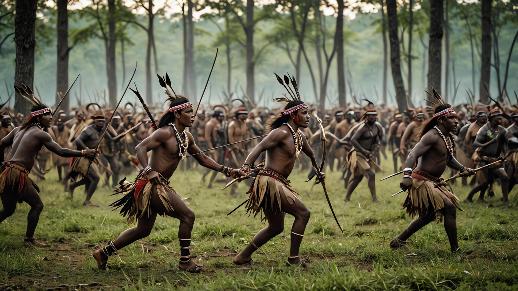 view of a group of inland tribal men practicing war, with a beautiful forest photo