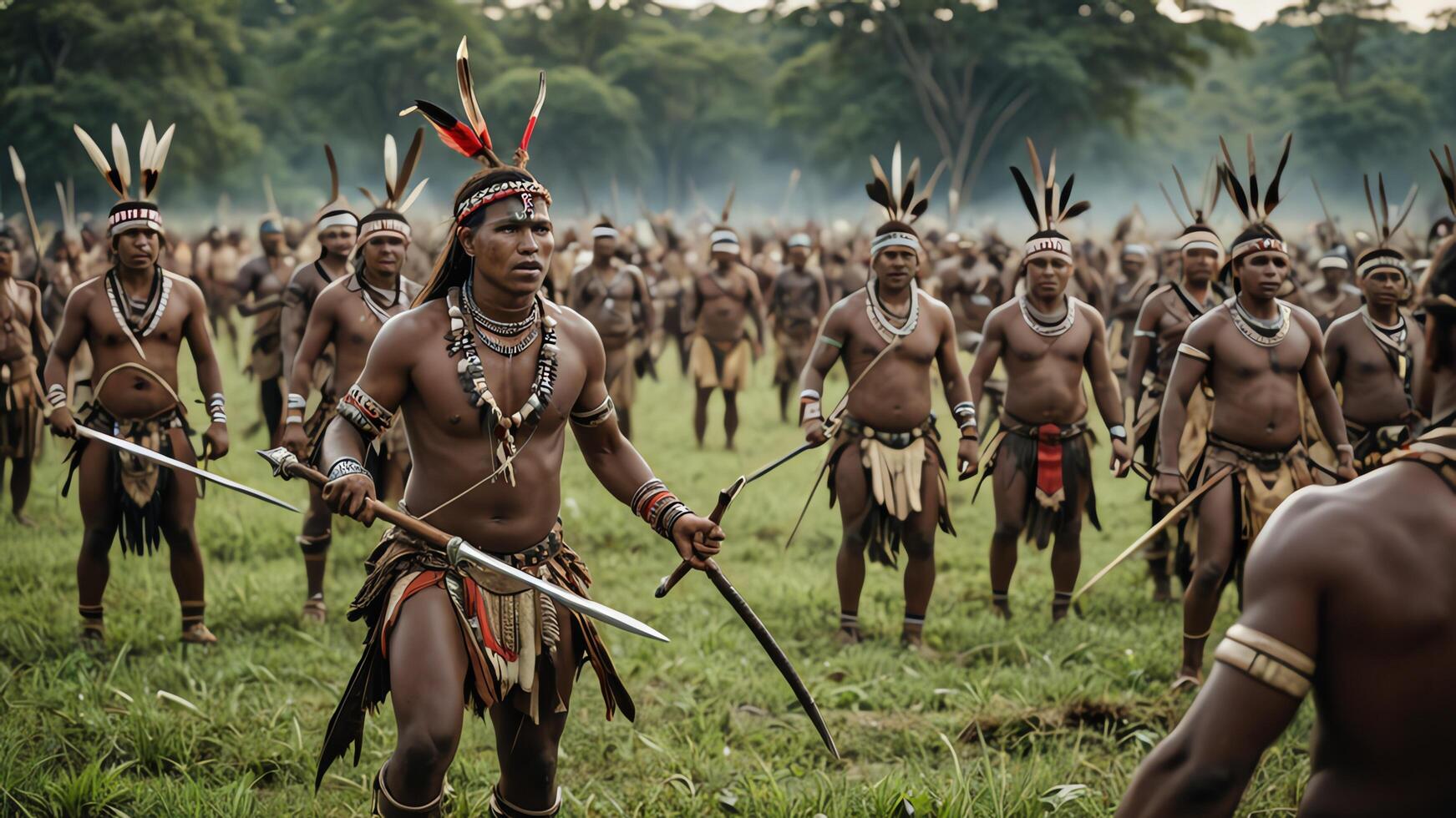 view of a group of inland tribal men practicing war, with a beautiful forest photo