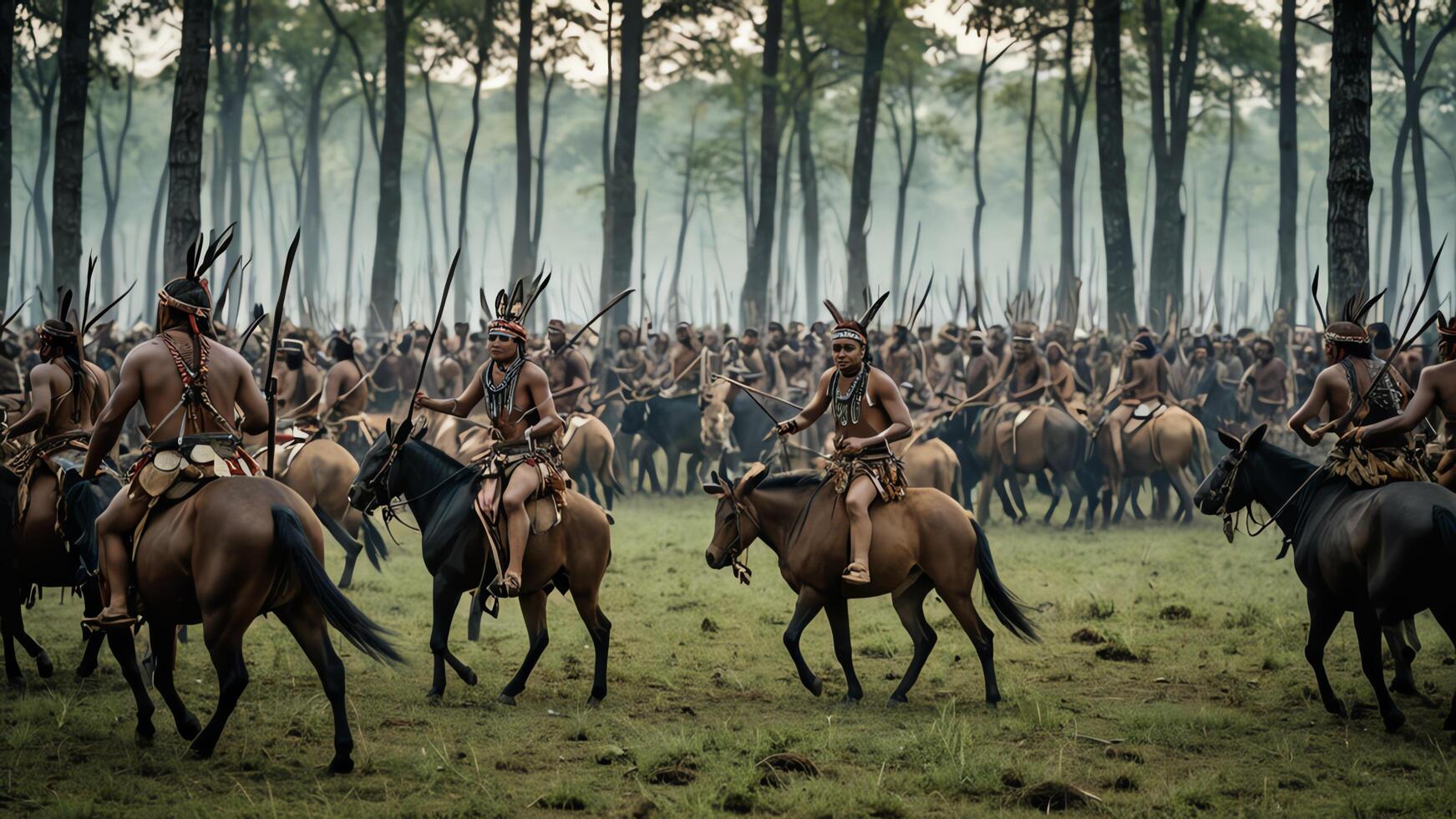 view of a group of inland tribal men practicing war, with a beautiful forest photo