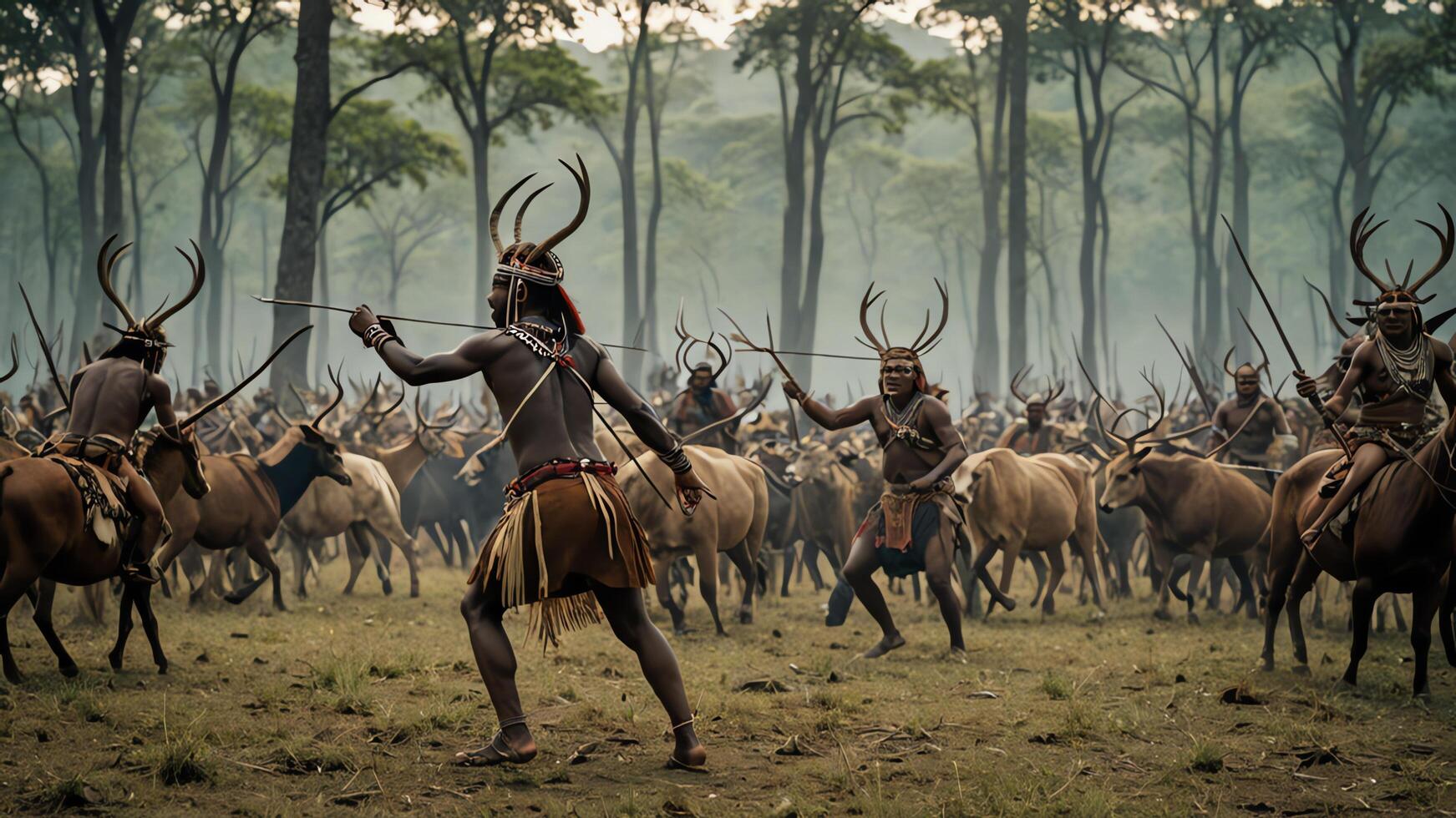 view of a group of inland tribal men practicing war, with a beautiful forest photo