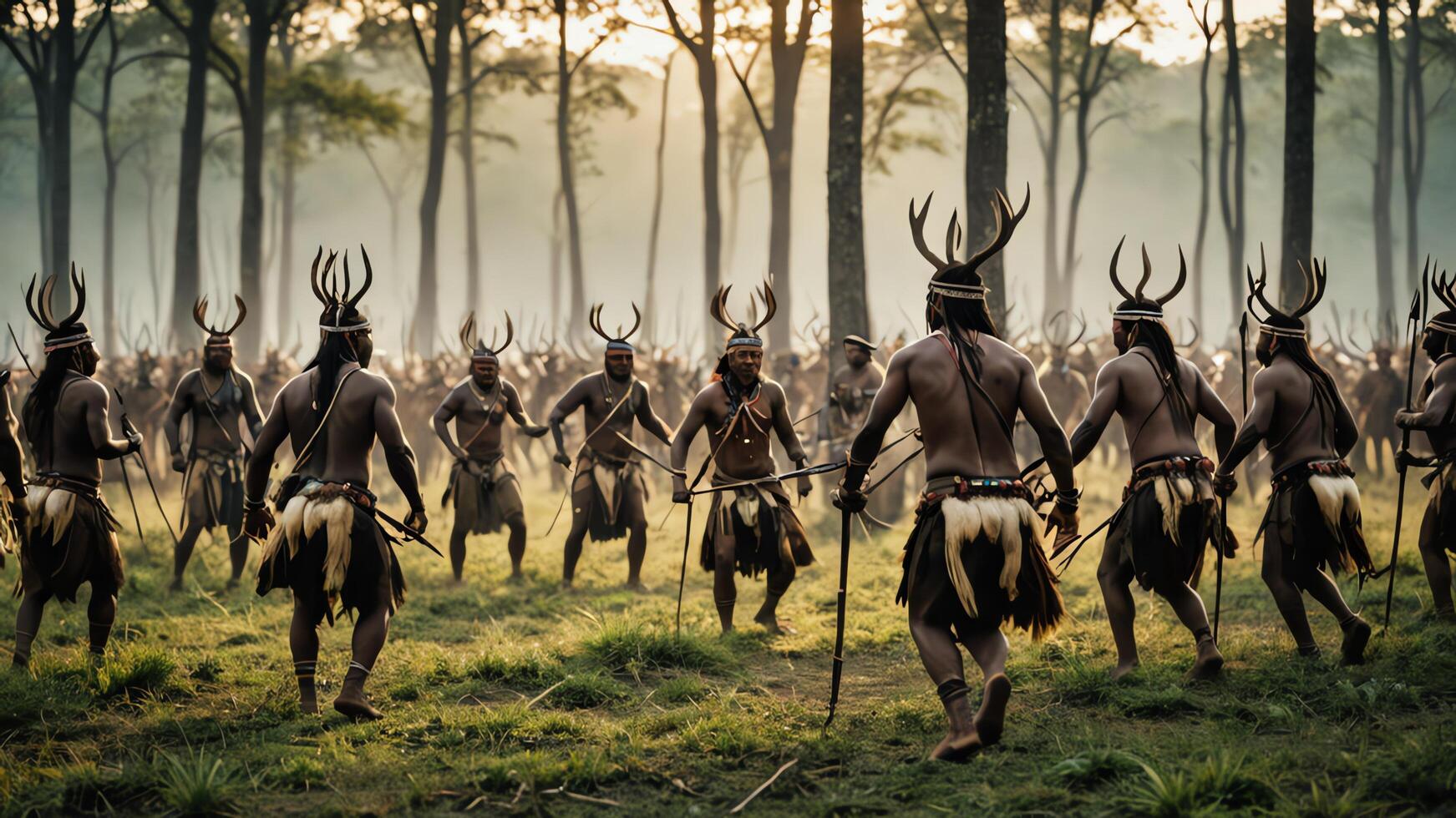 view of a group of inland tribal men practicing war, with a beautiful forest photo