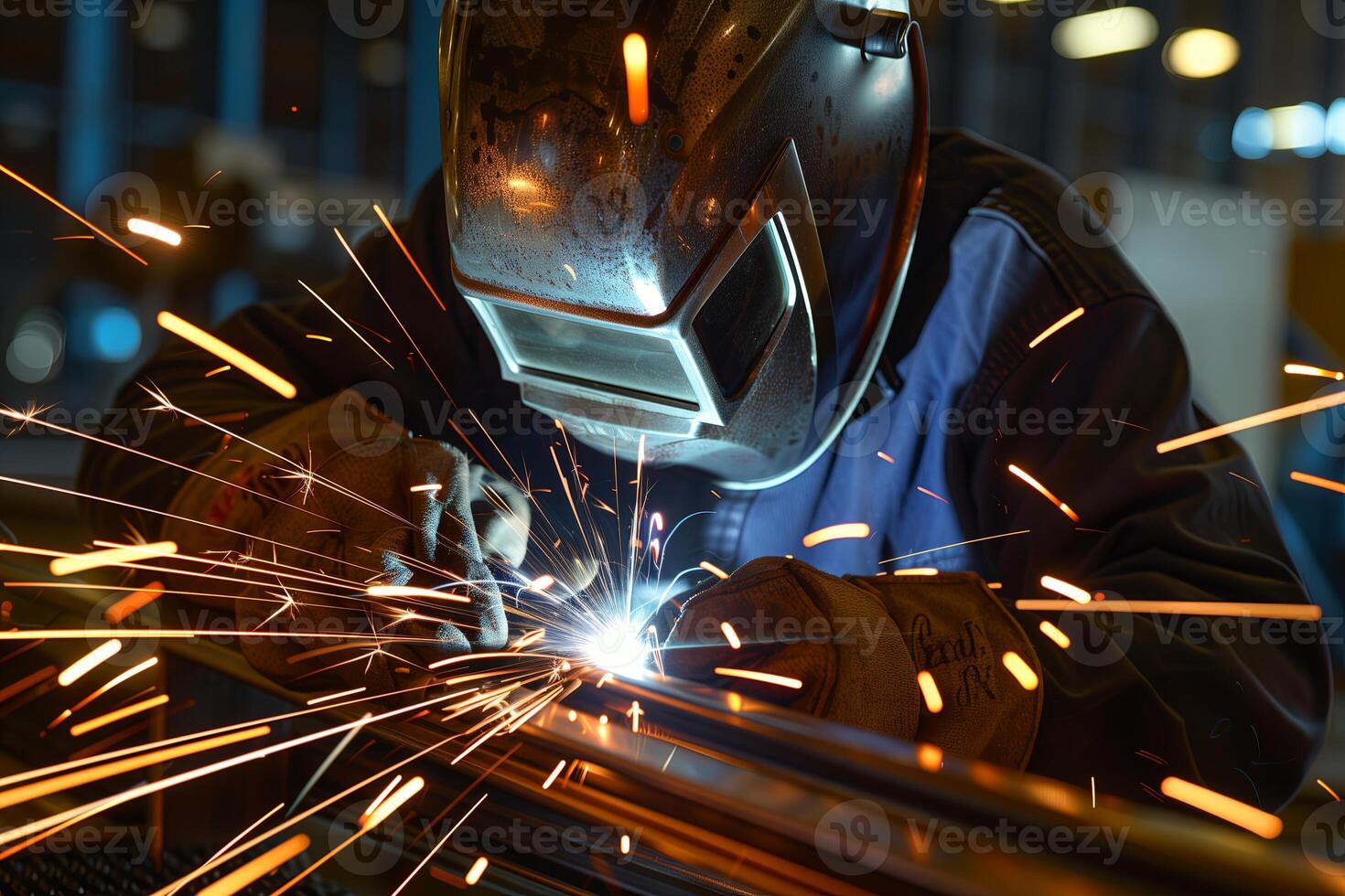 Welder in action, crafting steel structure in industrial workshop. Skilled worker with mask, gloves photo
