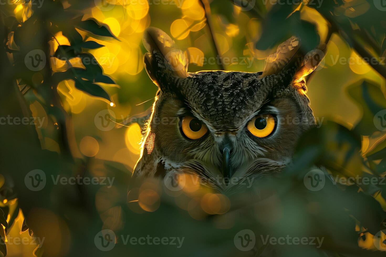 Owl perched in tree, closeup of wise, intense eyes. Predatory bird, brown feathers, sharp beak, photo