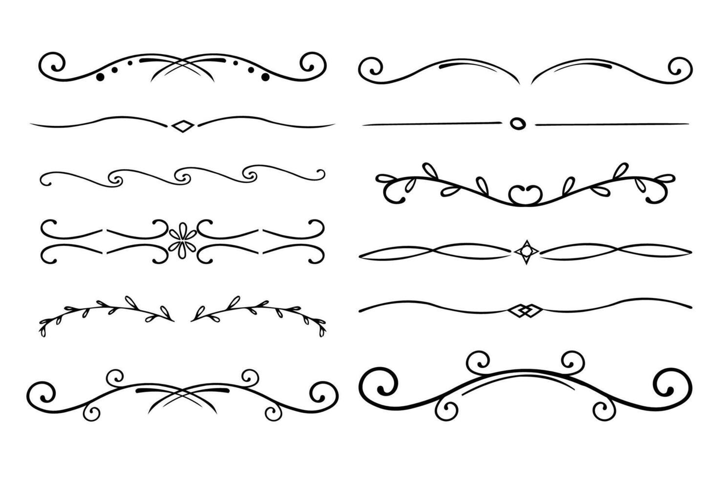 Elegant divider thin line swirl doodle ethnic border separator collection isolated on white background. Florish arnament, embelish. vector