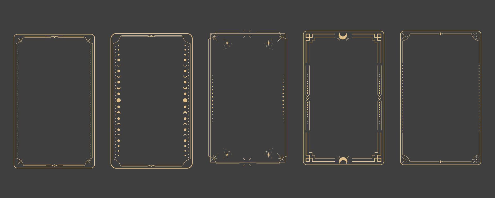 taLine golden frame, celestiam minimal esoteric border, mystyc linear decoration with dots, corners isolated on dark background. Geometric shape, tarrot vector