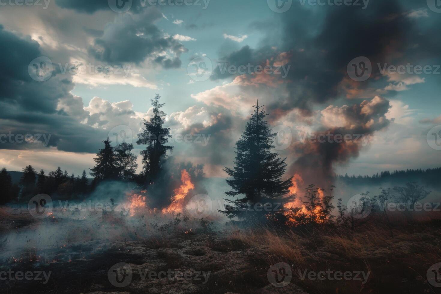 Wildforest fire burning forest trees eecological disaster smoke aerial view from helicopter danger death animals damage hazard blaze pollution tragedy photo