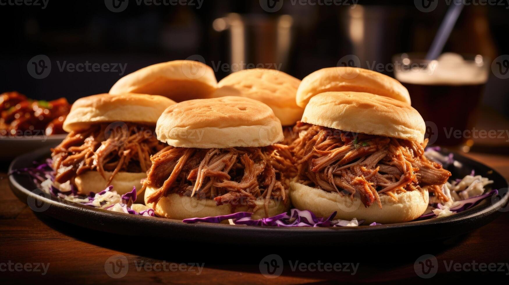 A vibrant image displaying a platter of bitesized ermilk biscuit sliders, filled with tender pulled pork, tangy BBQ sauce, and topped with a zesty slaw. photo