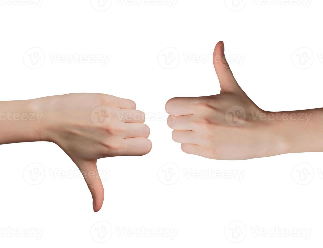 Customer feedback evaluation, thumbs up, thumbs down gestures. Approval and disapproval sign in photo