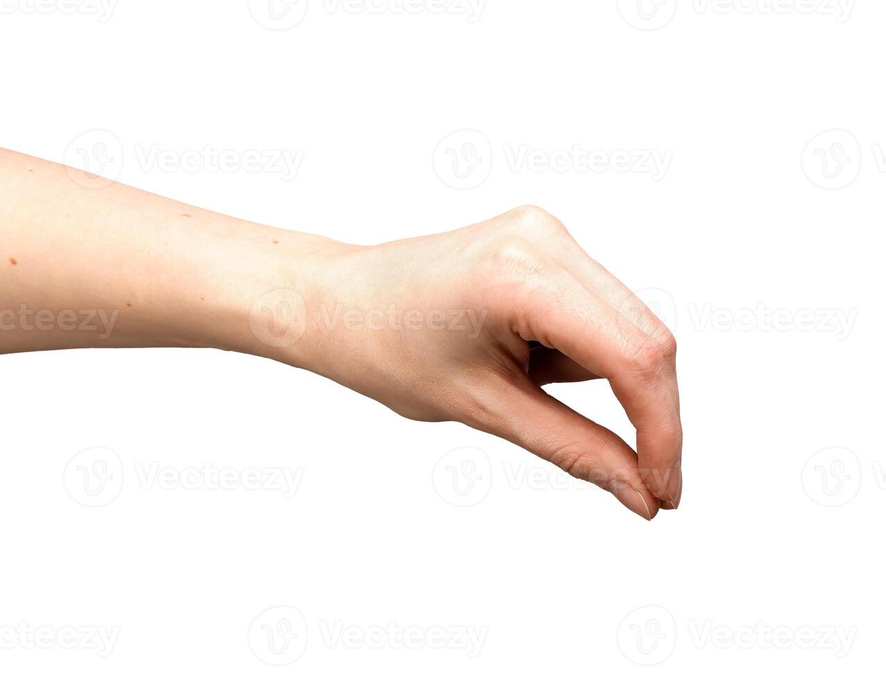 Pinch hand, finger isolated thumb. Pick hold female woman, white gesture sign. Card small something, photo
