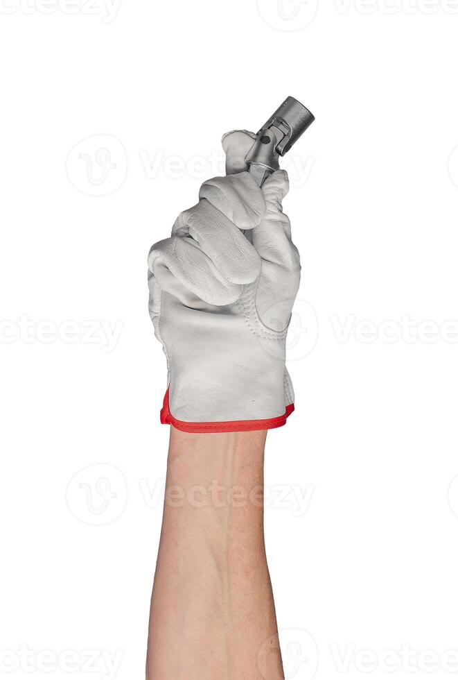 Tool wrench mechanic repair hand. Maintenance isolated spanner service. Car garage hold white photo