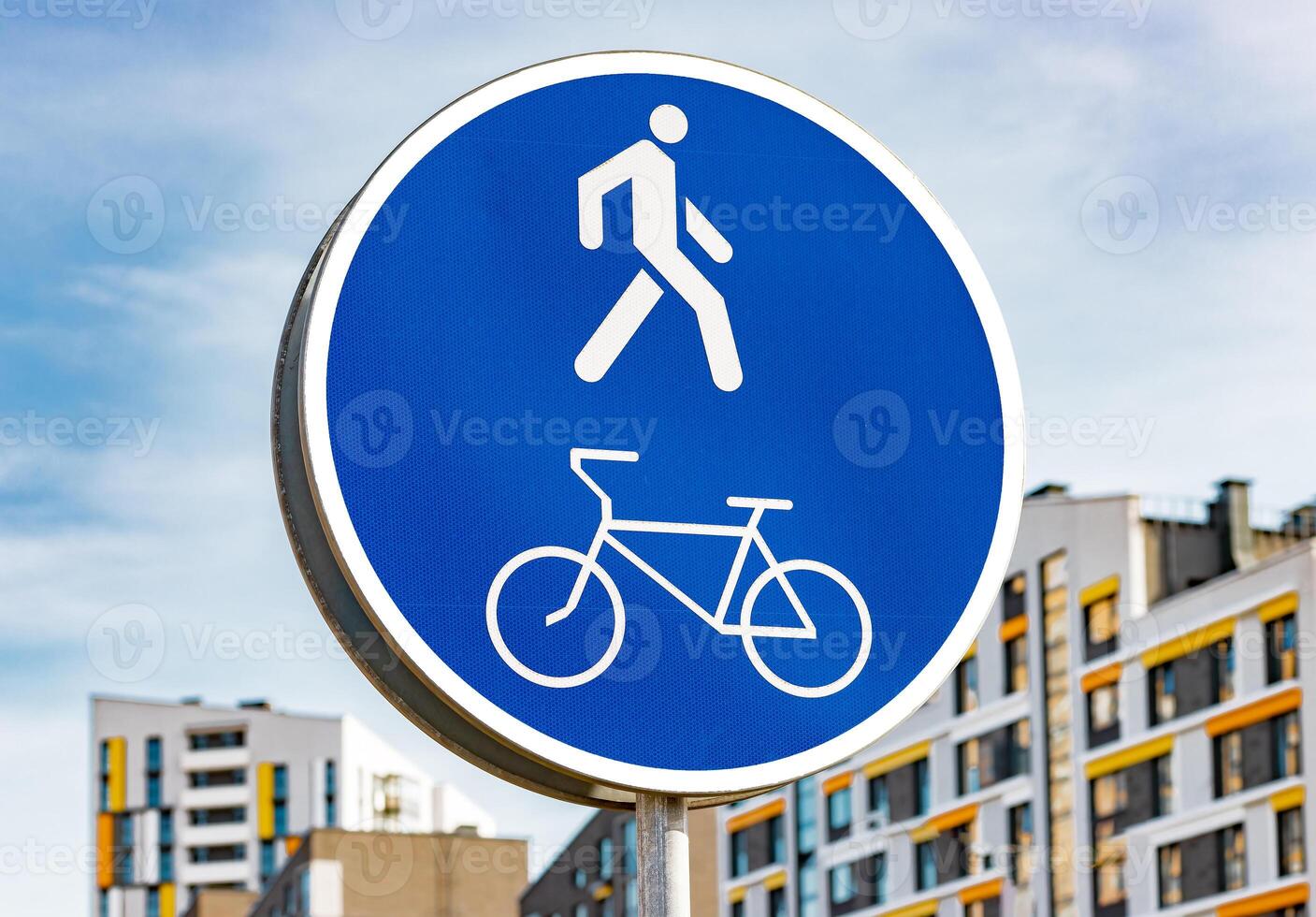 Pedestrian bicycle sign, road bike cycle. Walk path lane safety traffic, city track sidewalk photo