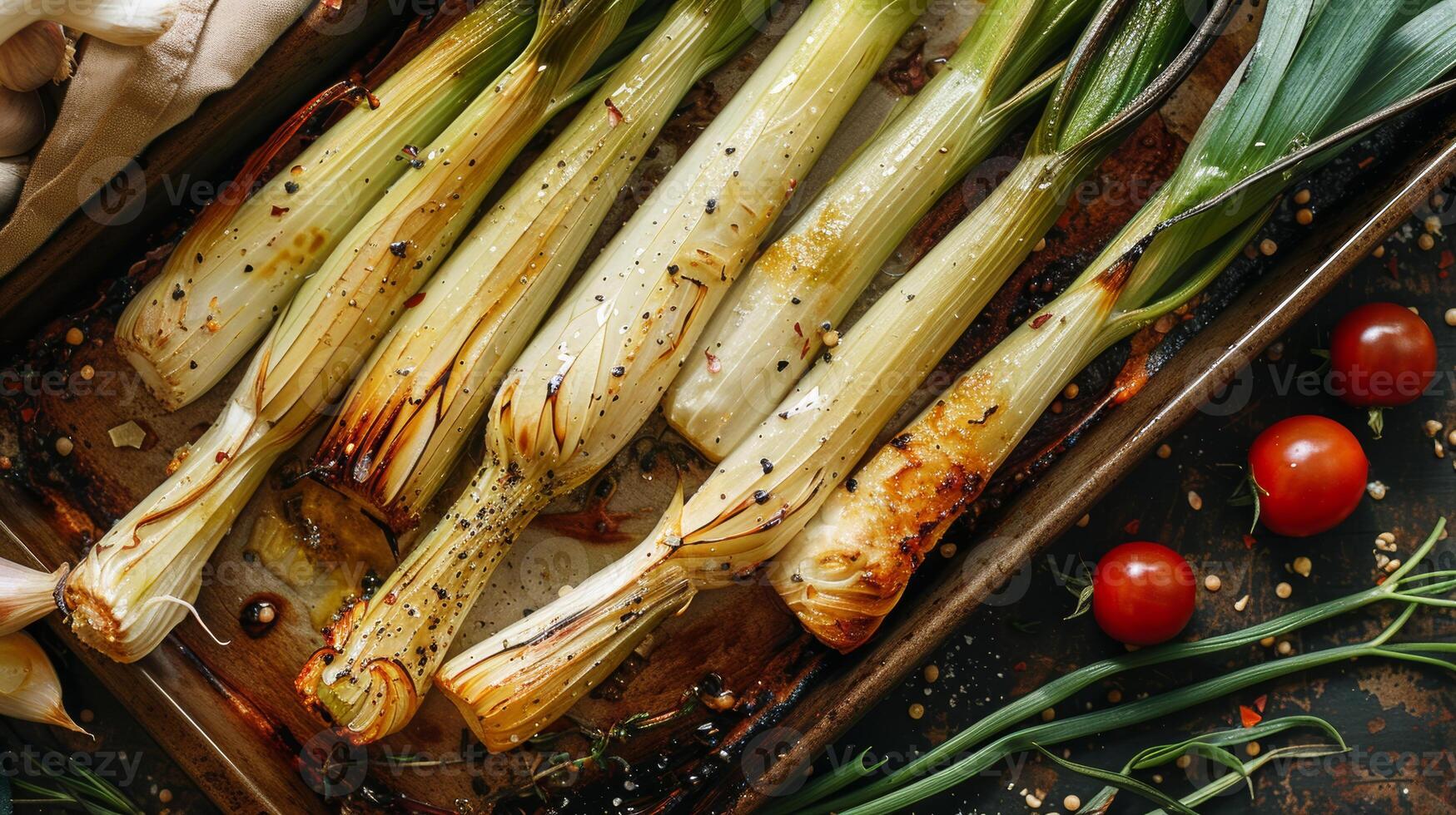 Close-up baked or grilled Sweet Garleek with spices and tomato background. A richly flavored hybrid of garlic and leeks. Tasty Vegan food photo