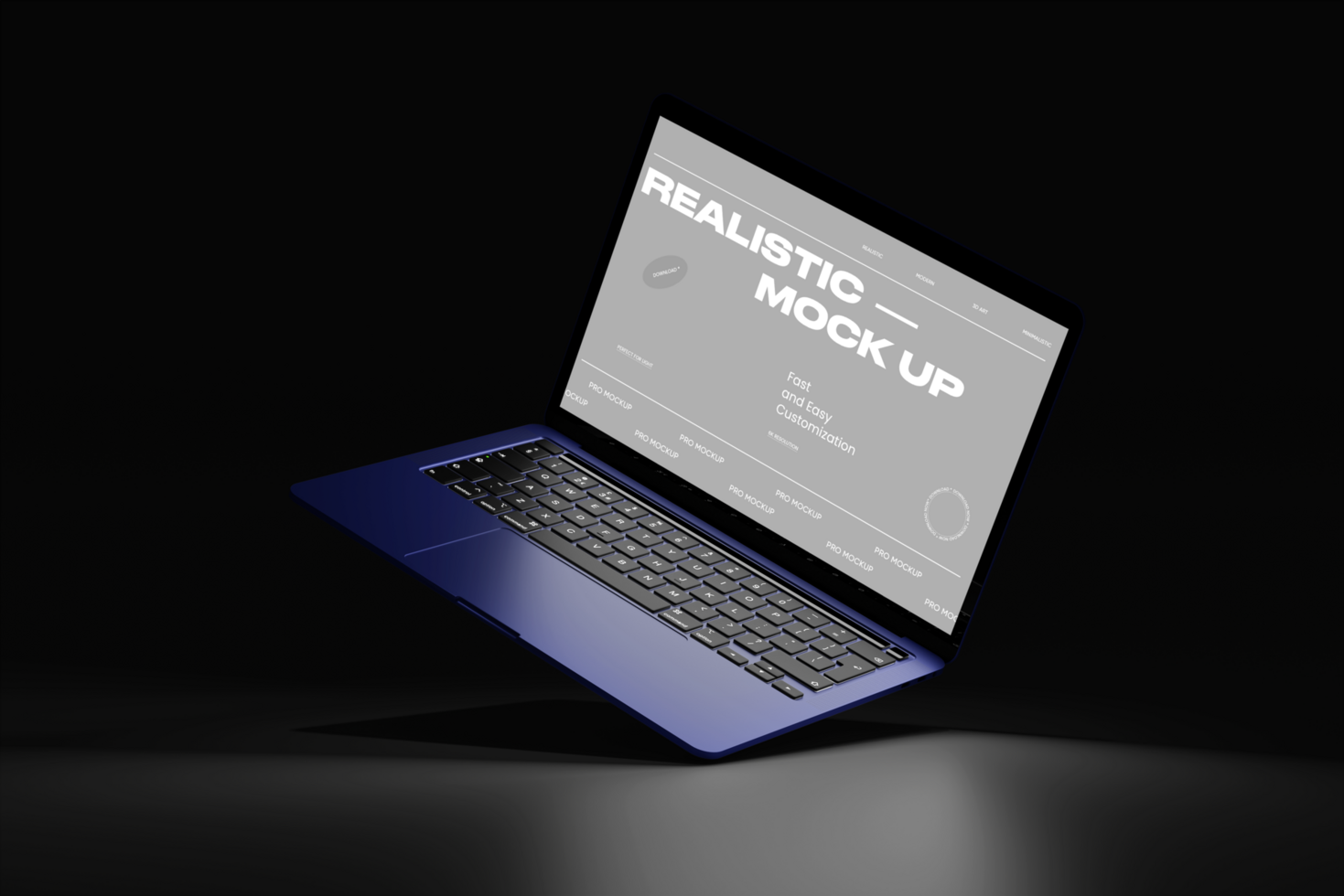Laptop mockup with realistic 3d scene on dark background psd