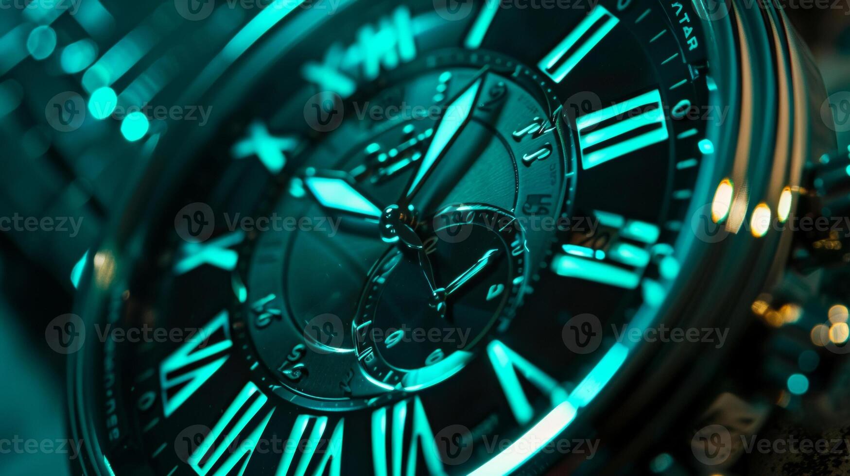 A closeup of a photoluminescent watch face in a dimly lit room. The hands and numbers emit a soft greenish light making it easy to tell the time even in the dark. The reflectio photo