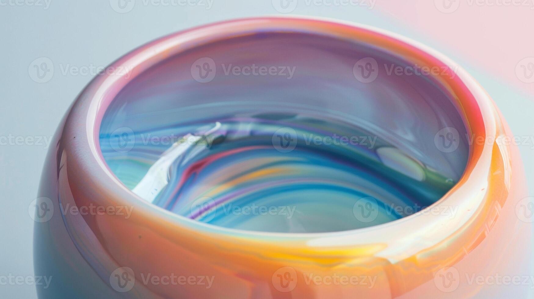A closeup of a handpainted ceramic vase inspired by the iridescent appearance of aerogels with a rainbow of colors swirling together to create a mesmerizing gradient effect photo