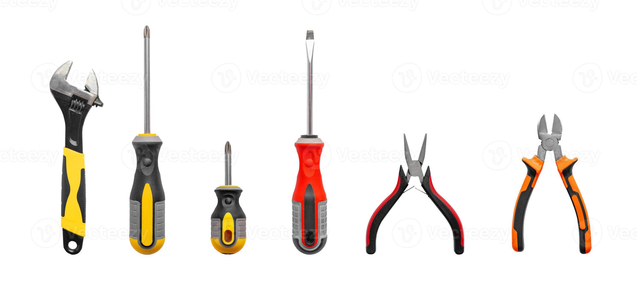 Equipment set isolated on white background, including metallic screwdriver, work tool, steel object photo