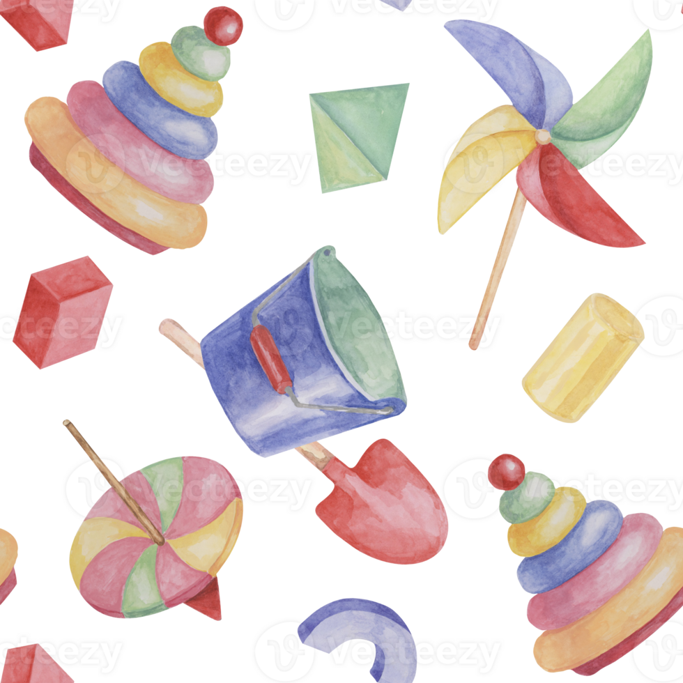 Baby seamless pattern with ring tower, toys, pencils, bucket and shovel in watercolor. Retro toys ornament Hand drawn textile print for kids, children's wallpaper, wrapping, packaging, scrapbooking png