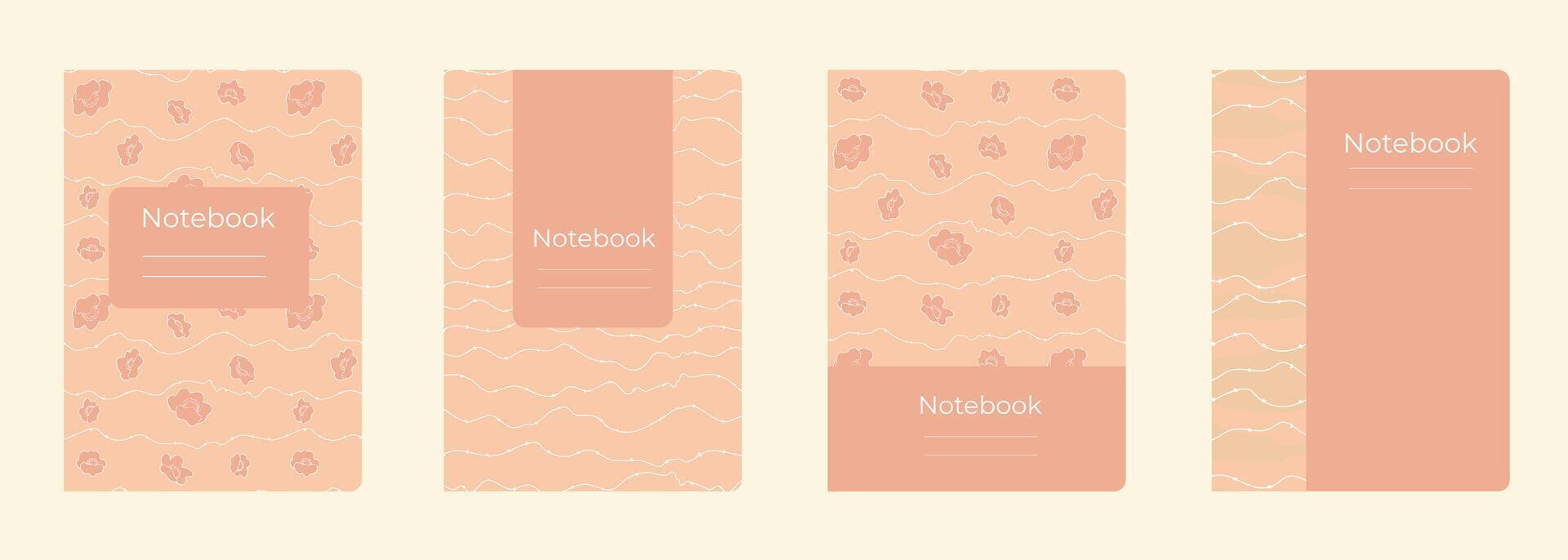 Set of cover designs for notebook, notepad, book, catalog with many wavy lines and flowers.Template for girl and school in pink and white colors. Vertical format A4,A5. vector