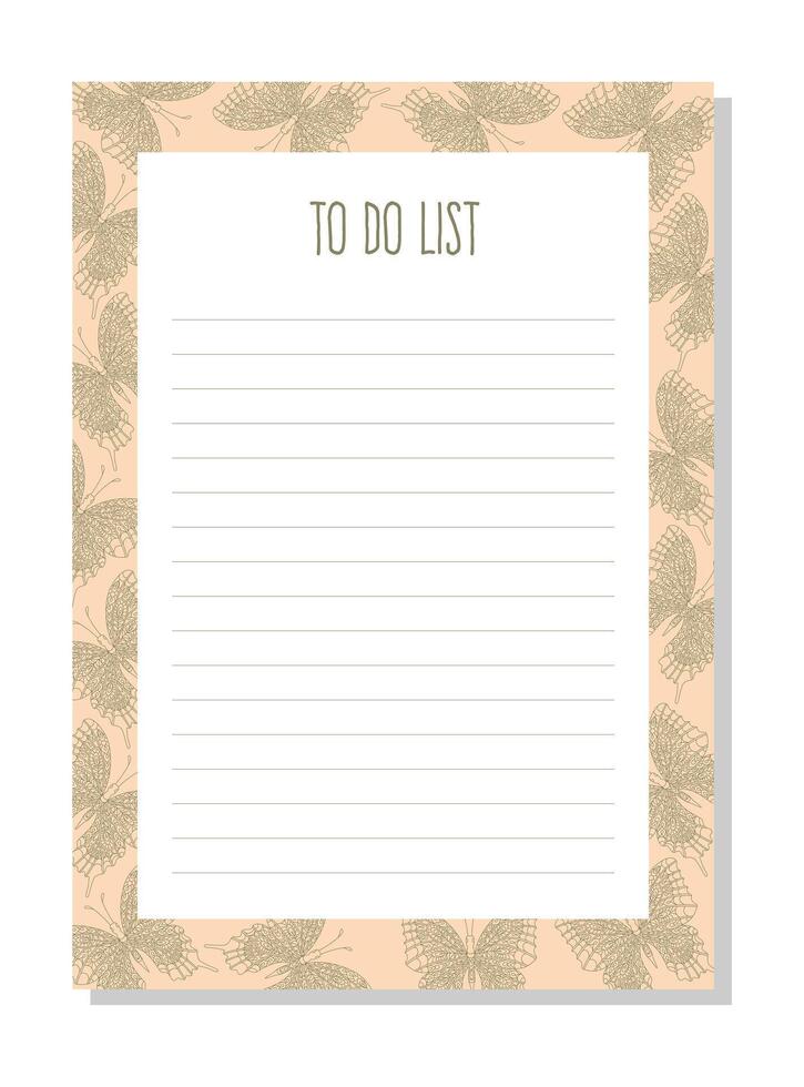 Planner, to do list with hand drawn butterfly in zentangle style and pastel colors. vector