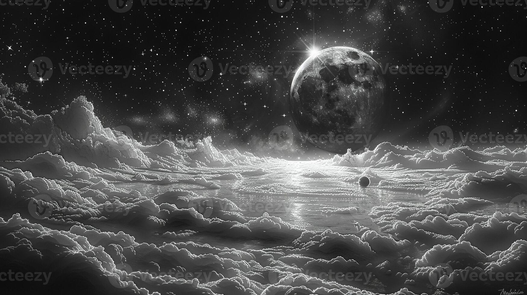 A detailed outline drawing of celestial bodies and stars. photo