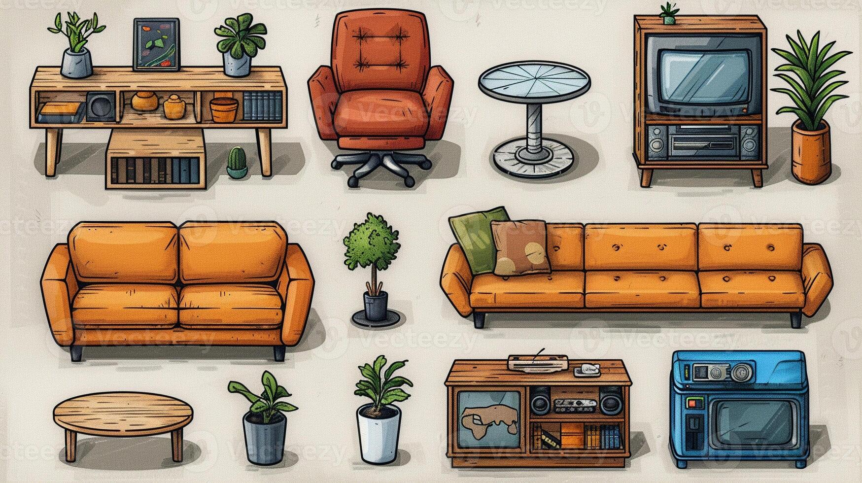 A detailed outline of different types of furniture. photo
