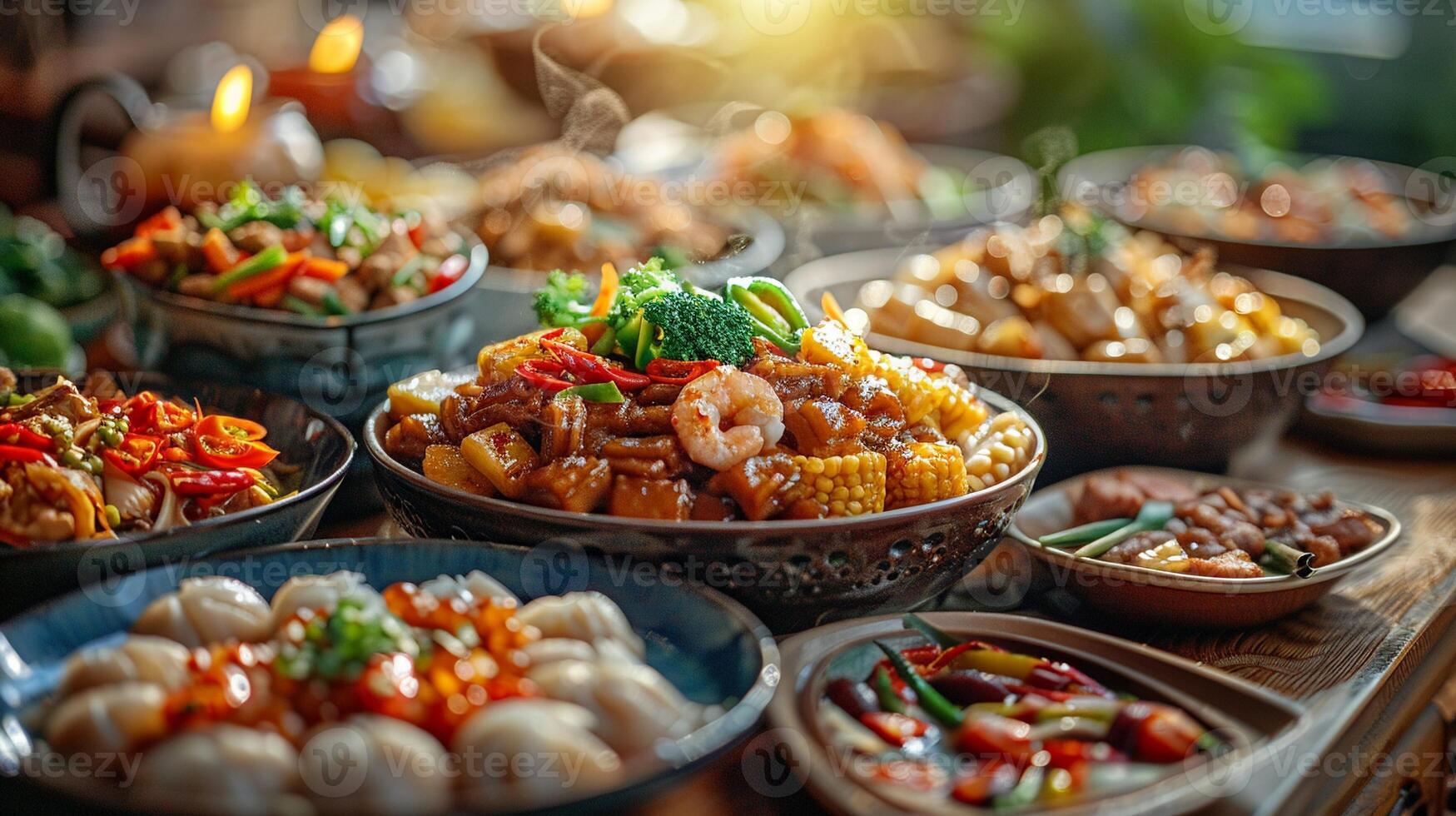 A family enjoying a meal with traditional Lunar New Year dishes. photo