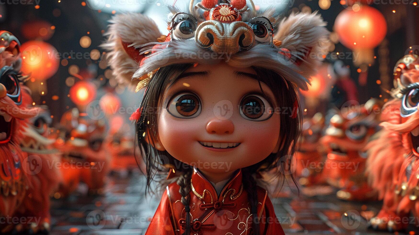 A festive scene of a family celebrating Lunar New Year with traditional decorations. photo