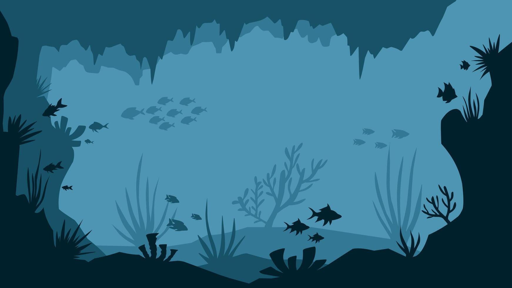 Landscape illustration of underwater cave with coral reefs and fishes vector