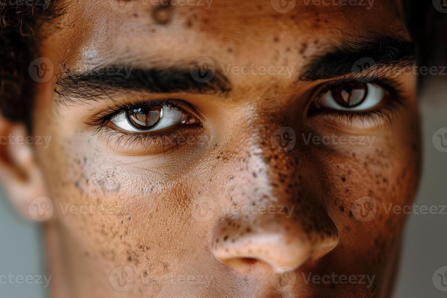 Person face, young portrait. Skin beauty, eye closeup look. Man adult caucasian human. Eyebrow close photo