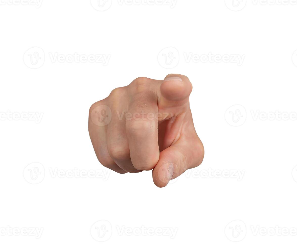 Hand gesture pointing, indicating choice with index finger. Isolated white background, human concept photo