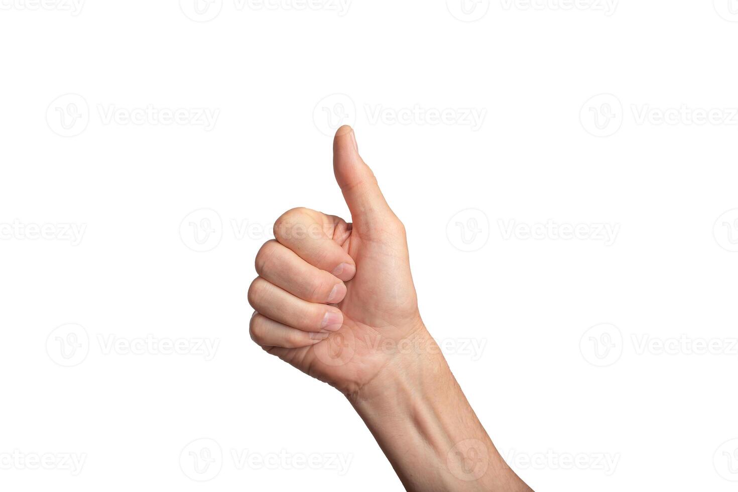 Thumbs up hand isolated male finger. Man arm white, ok good sign. Like background gesture yes photo