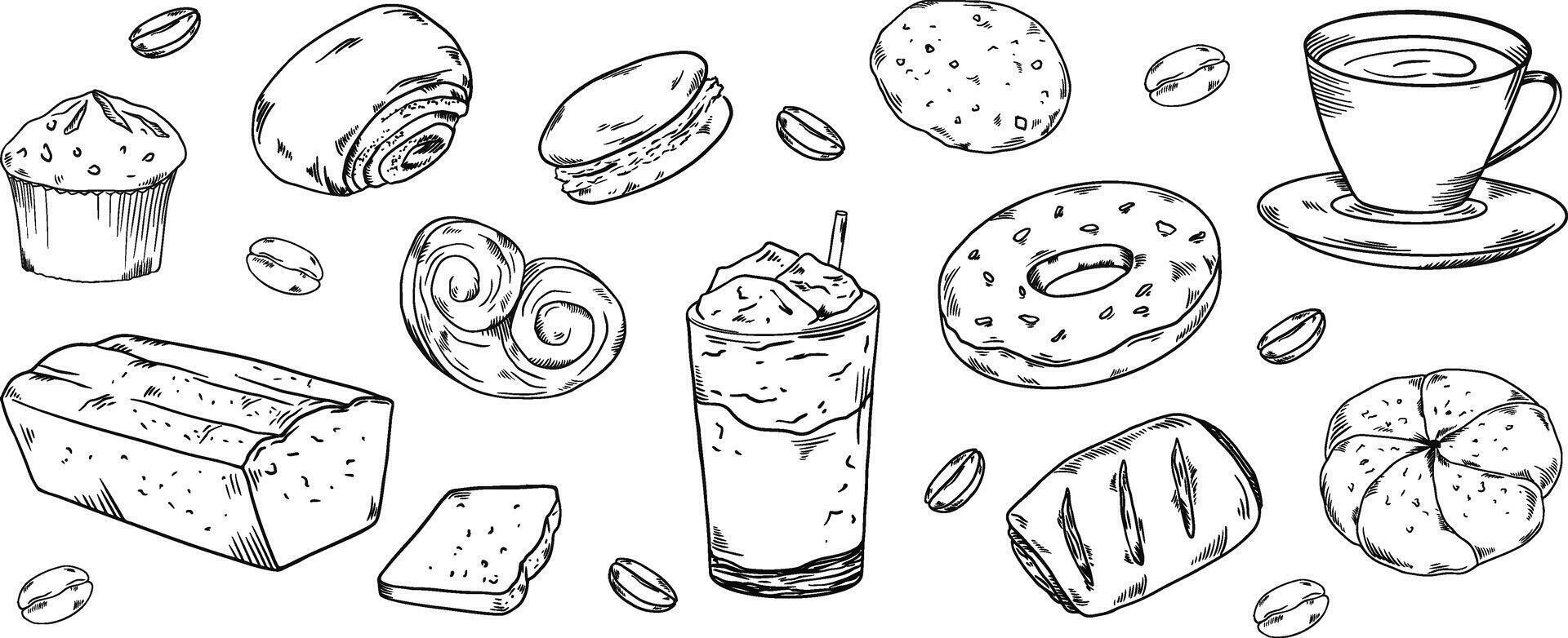 Bakery hadpainted illustrations set banner black and white beige coffee, buns, beans cake, donut, maffin, cookie, cappuccino, latte vector