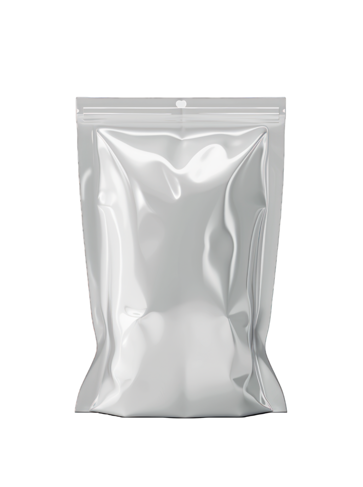 Silver Pouch Packaging - Flexible Foil Bag, Standup Container, Reusable Ziplock, Minimalist, Blank Mockup, Product Storage, Clean and Modern Design png