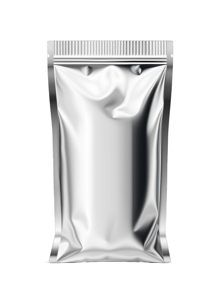Silver Pouch Packaging - Flexible Foil Bag, Standup Container, Reusable Ziplock, Minimalist, Blank Mockup, Product Storage, Clean and Modern Design png