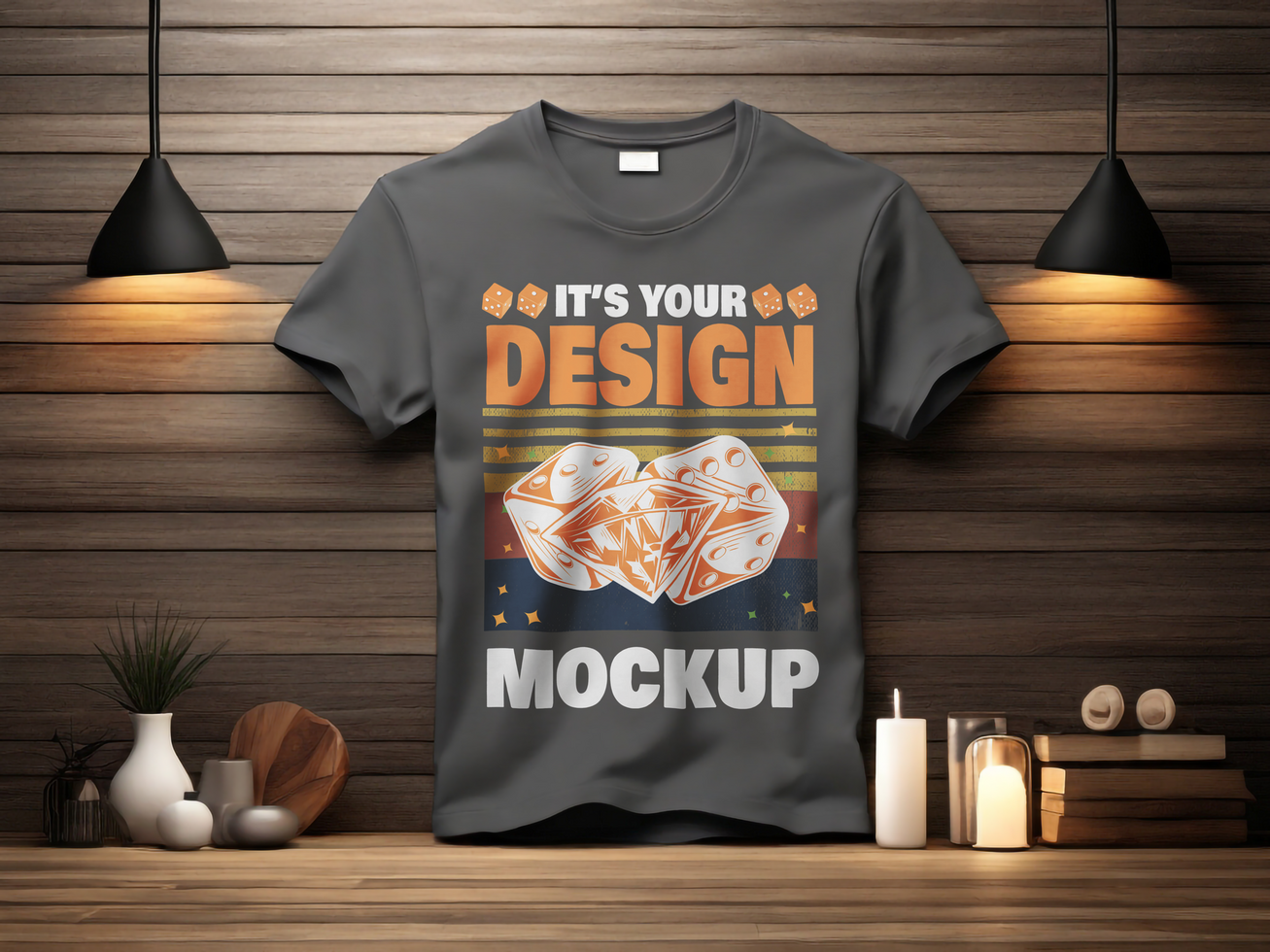 Dark Gray Mockup Tshirt With Decorative wood background psd