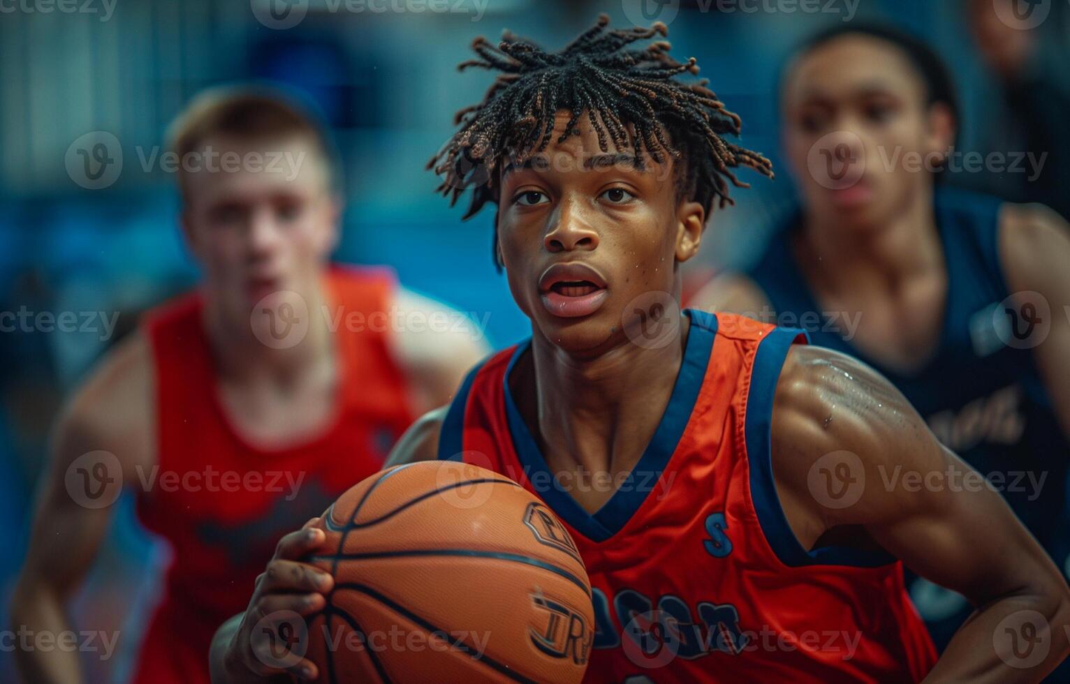 Three young men play basketball in a gym. One dribbles past three defenders, all in red and blue uniforms photo