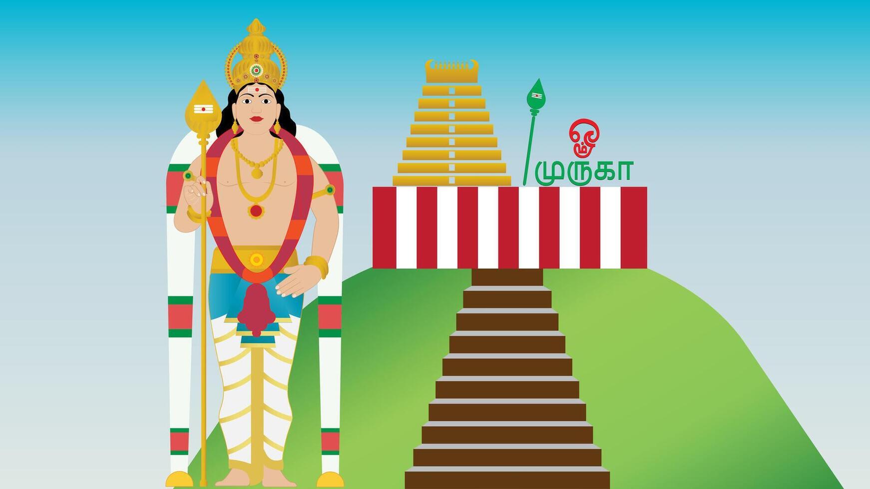 illustration of Hindu God Murugan Skanda Kartikeya Subrahmanya .along with his temple vector