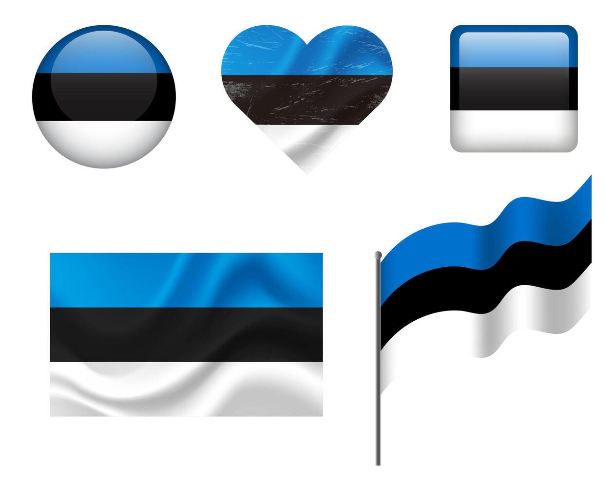 Estonia flag - set of icons. flag of Estonia, symbol. Set of Estonian flags - button, waved, heart. vector